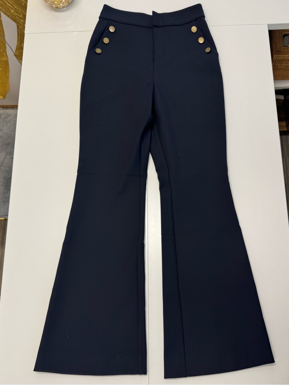 Ramy Brook High-Waisted Navy Flared Pants with Gold Button